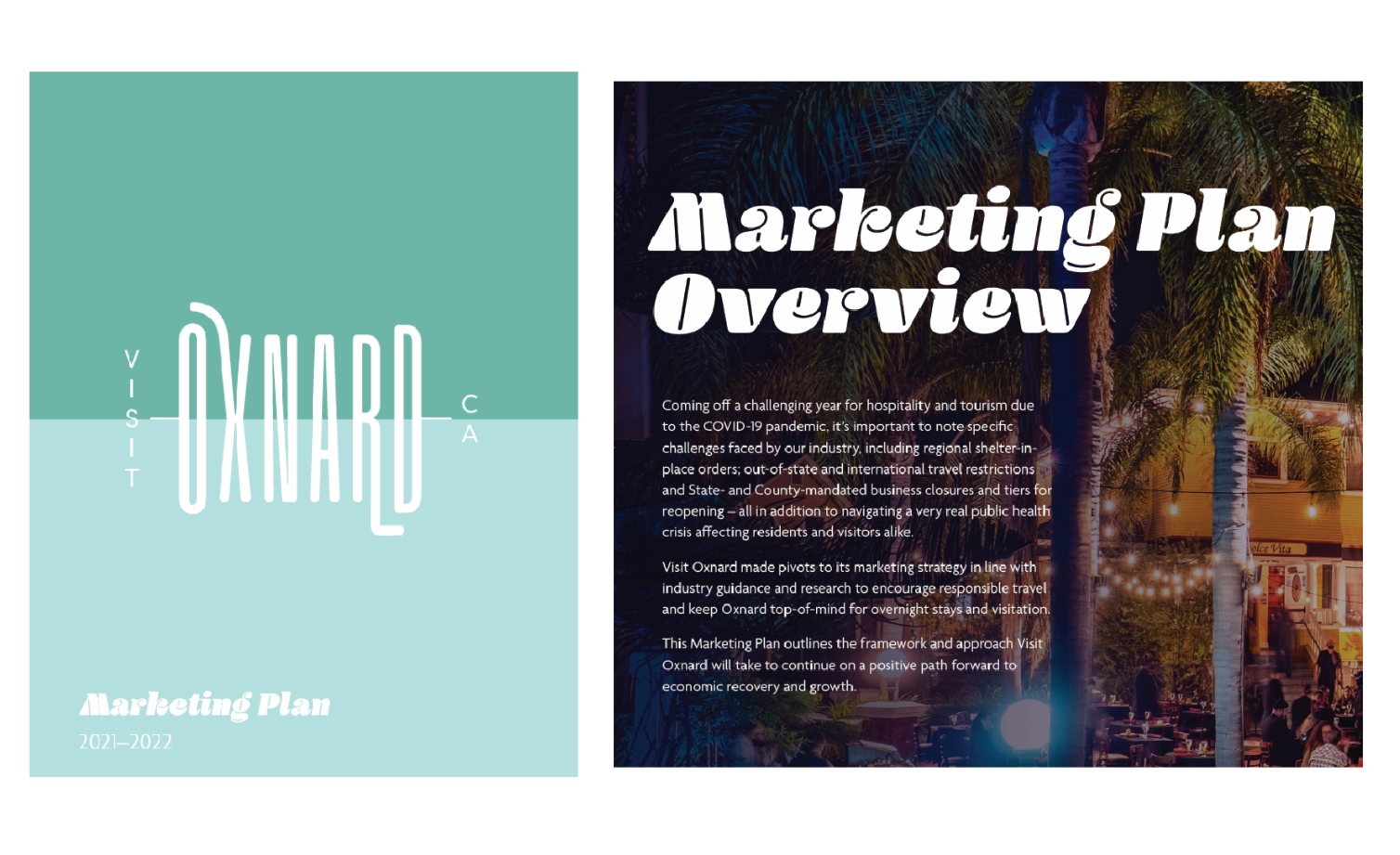 Visit Oxnard marketing plan cover page showing their logo and mission statement for tourism recovery